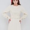 Plain round neck wide belt style dress